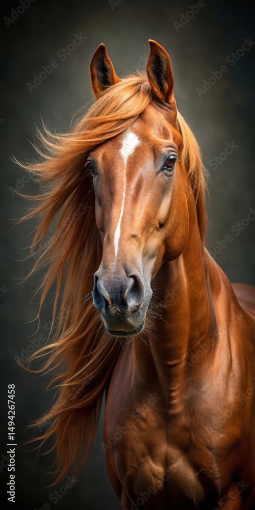 Fototapeta premium Elegant chestnut brown horse head with a flowing mane and soft gaze