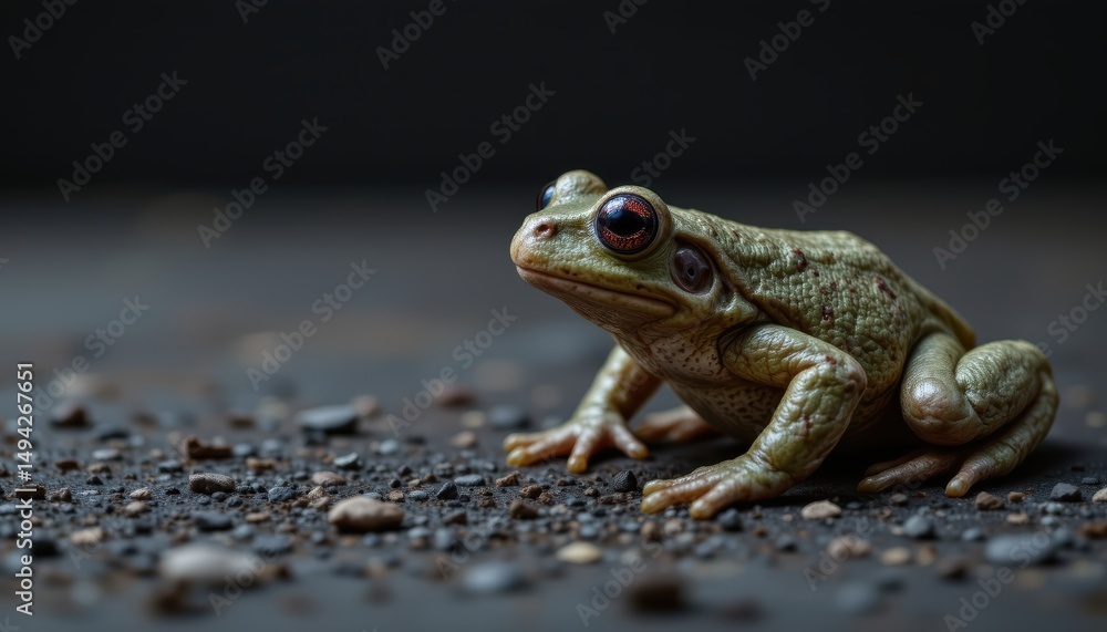 Obraz premium Close-up Portrait of a Green Frog Sitting on Earthy Ground with Detailed Texture and Bright Eyes