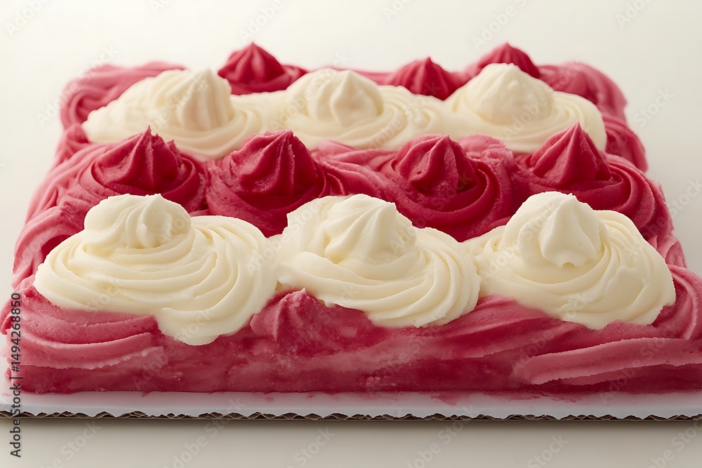 Elegant Cake Display with Swirled Frosting and Crimson Hues confectionery