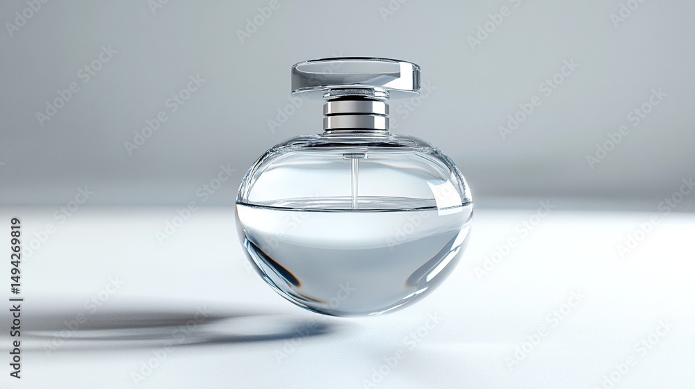 Clear glass perfume bottle, round shape, floating on a light gray surface Clear glass perfume bottle, round shape, floating on a light gray surface