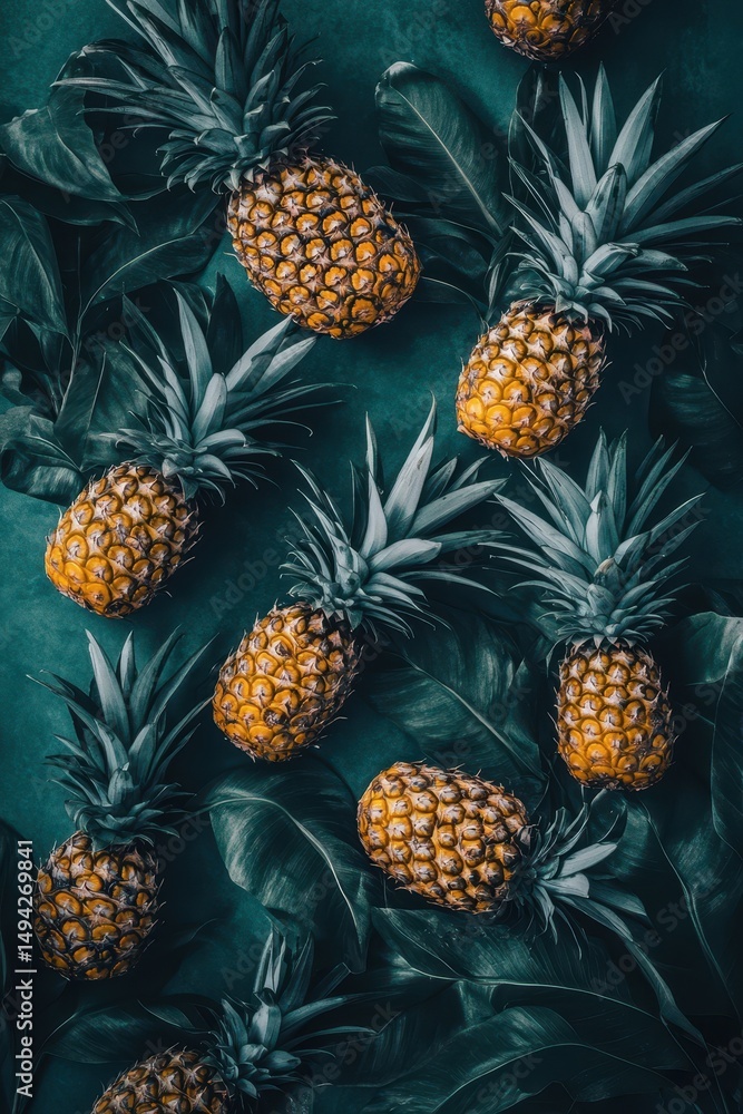 Overhead shot of multiple mini pineapples scattered on a dark teal surface amongst large tropical leaves Overhead shot of multiple mini pineapples scattered on a dark teal surface amongst large tropical leaves
