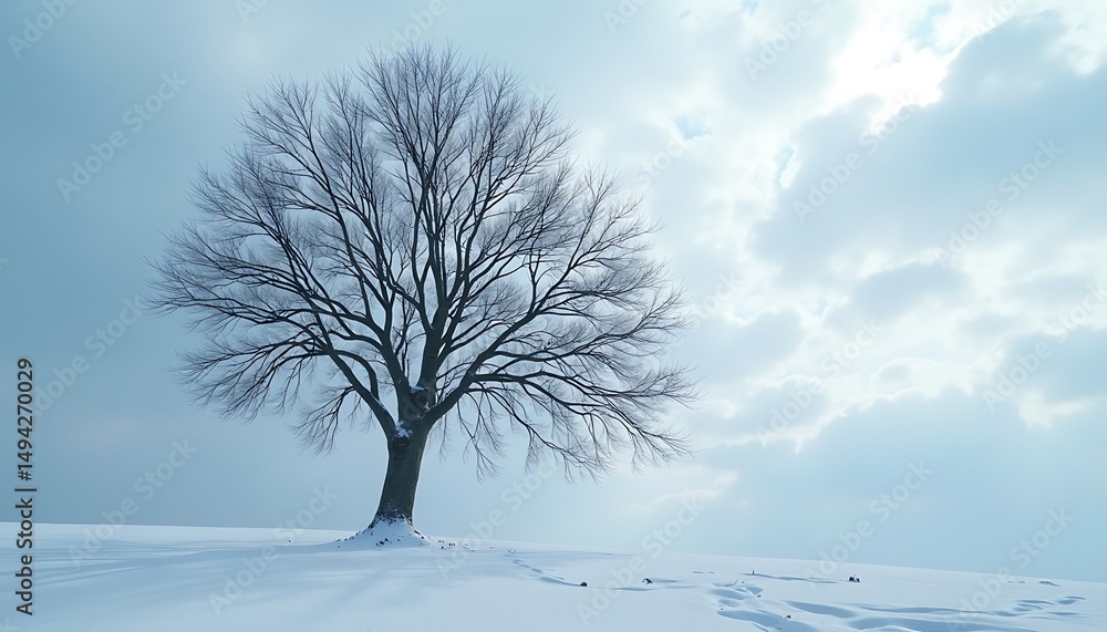 Fototapeta premium Solitary Tree Standing in Snowy Winter Landscape with Sky