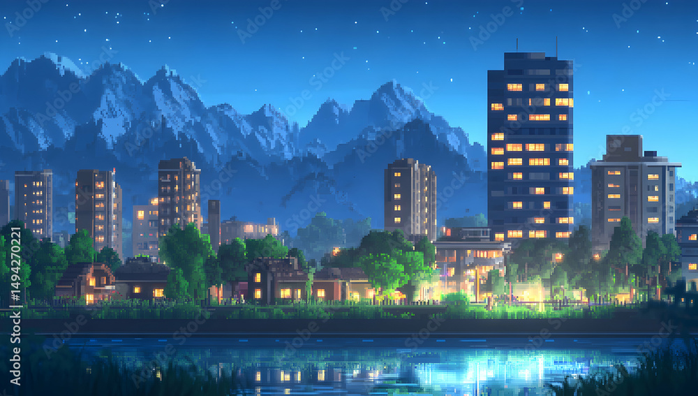 Naklejka premium Night Cityscape Mountains River