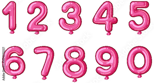 Pink Balloon Numbers Vector Illustration Set