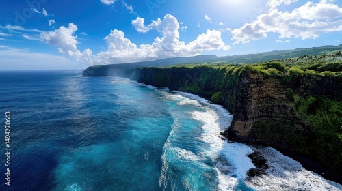 Majestic cliffs rising sharply from the ocean with waves crashing below, sunny day with blue sky and scattered clouds