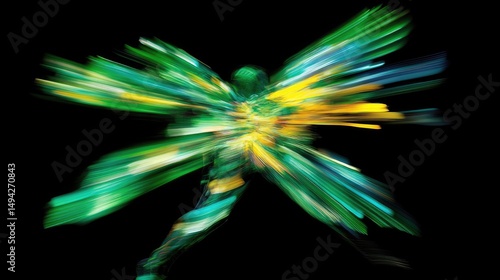 Vibrant, abstract figure in motion, painted with streaks of color.