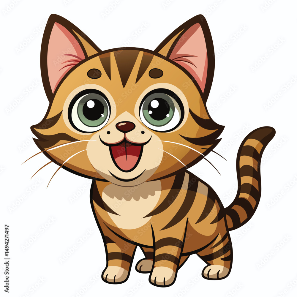 A wide-eyed tabby kitten with its mouth open in a happy expression looks upwards a white background A wide-eyed tabby kitten with its mouth open in a happy expression looks upwards a white background