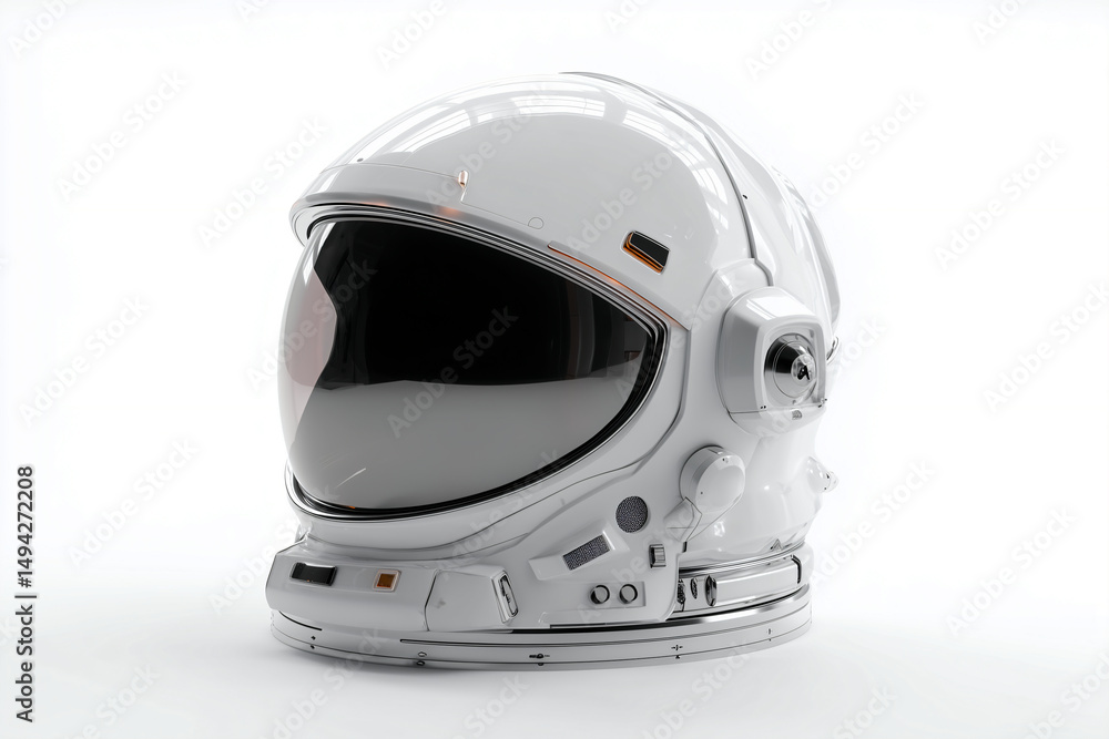 Fototapeta premium White astronaut helmet with tinted visor and integrated tech modules, isolated on white background, ideal for space exploration and sci-fi concepts.