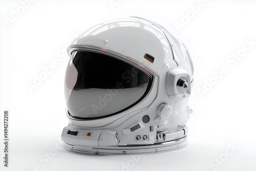 White astronaut helmet with tinted visor and integrated tech modules, isolated on white background, ideal for space exploration and sci-fi concepts.