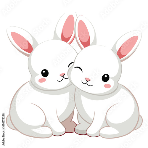 Two adorable white baby rabbits cuddle closely against a white background, one nuzzling the other's cheek a white background