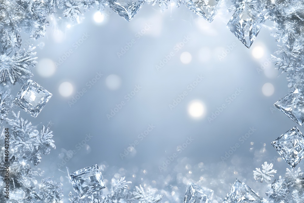 Elegant diamond and frost frame with bokeh sparkles on a soft blue background Elegant diamond and frost frame with bokeh sparkles on a soft blue background
