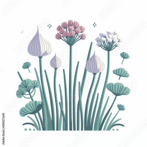 Chive Blossoms A pastel floral arrangement of chives leaves and flowering orbs