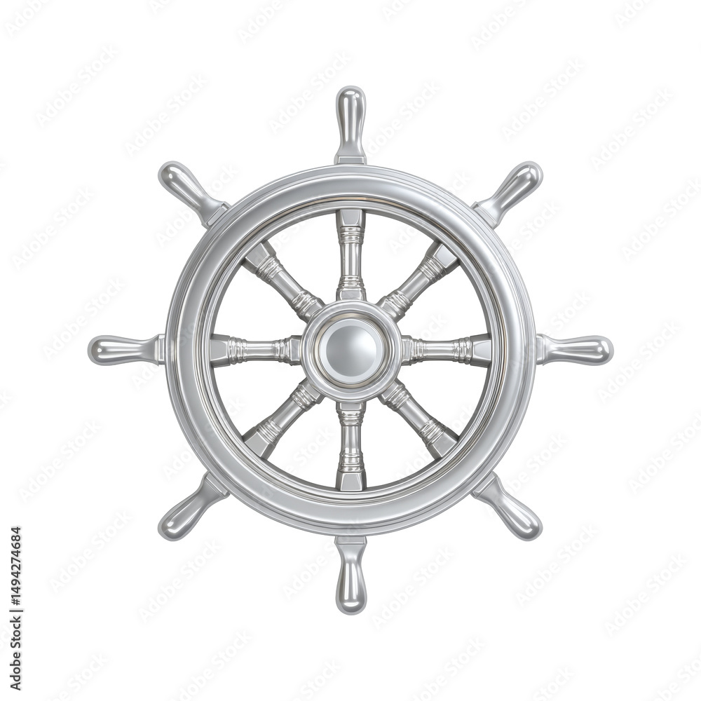 Obraz premium Silver Ship Wheel 3D Rendering on PNG Background Nautical Theme Design