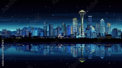 Nighttime Cityscape of Seattle with Reflections and Starry Sky