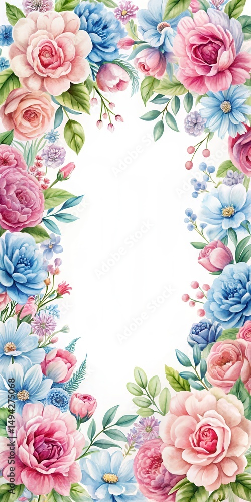 Elegant floral frame adorned with lush pink and blue blooms Elegant floral frame adorned with lush pink and blue blooms