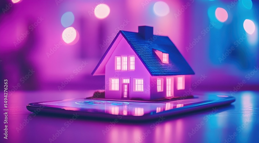 Illuminated miniature house rests atop a smartphone, bathed in vibrant purple and blue light, against a bokeh background Illuminated miniature house rests atop a smartphone, bathed in vibrant purple and blue light, against a bokeh background