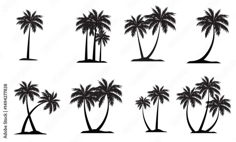 Obraz premium Black Palm Tree Isolated on White Background,types of trees,this isolated palm tree silhouette image is versatile for backgrounds,nature themed.
