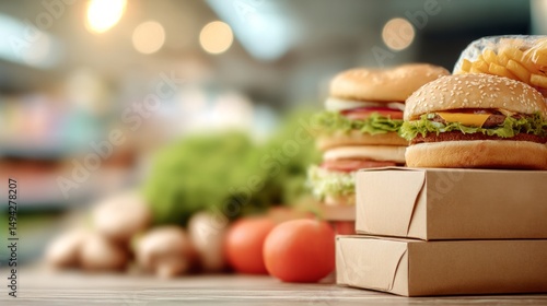 Stacked fast food packages with blurred fresh produce, symbolizing health risks of processed diets
