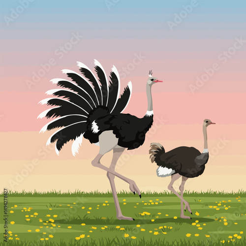Ostrich Walking in Meadow with Flowers at Dusk, Vector Illustration