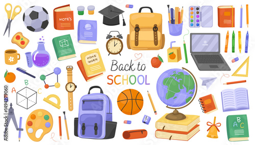 Back to school collection, colorful cute illustrations. Set of school supplies. Globe, backpack, books, watches, notebooks, pencils, laptop.
