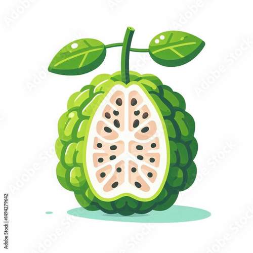 Cut open custard apple with green leaves seeds and detailed fruit texture