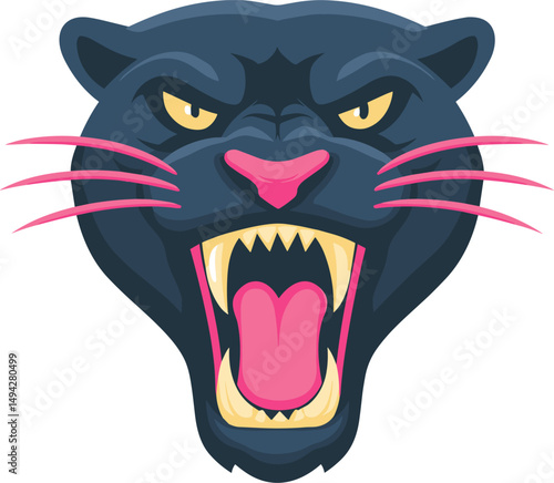 Fierce graphic depiction of a roaring black panther head cartoon isolated on transparent background. Vector illustration.