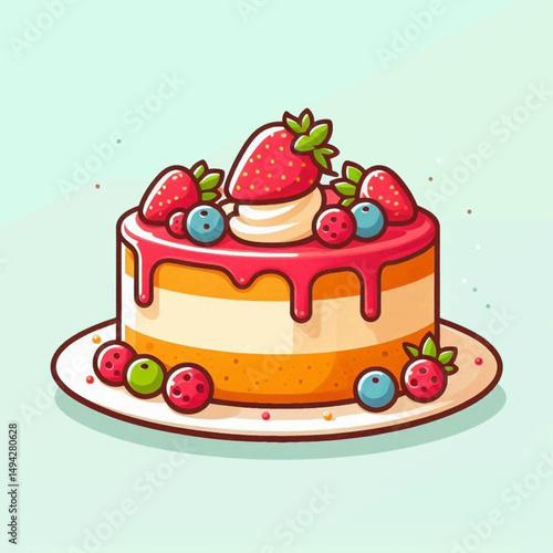 Delightful cartoon cake adorned with strawberries and blueberries sits on a plate