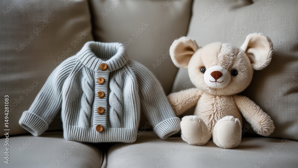 Fototapeta premium A tiny sweater and next to it there is soft plush toy arranged neatly on a cushion