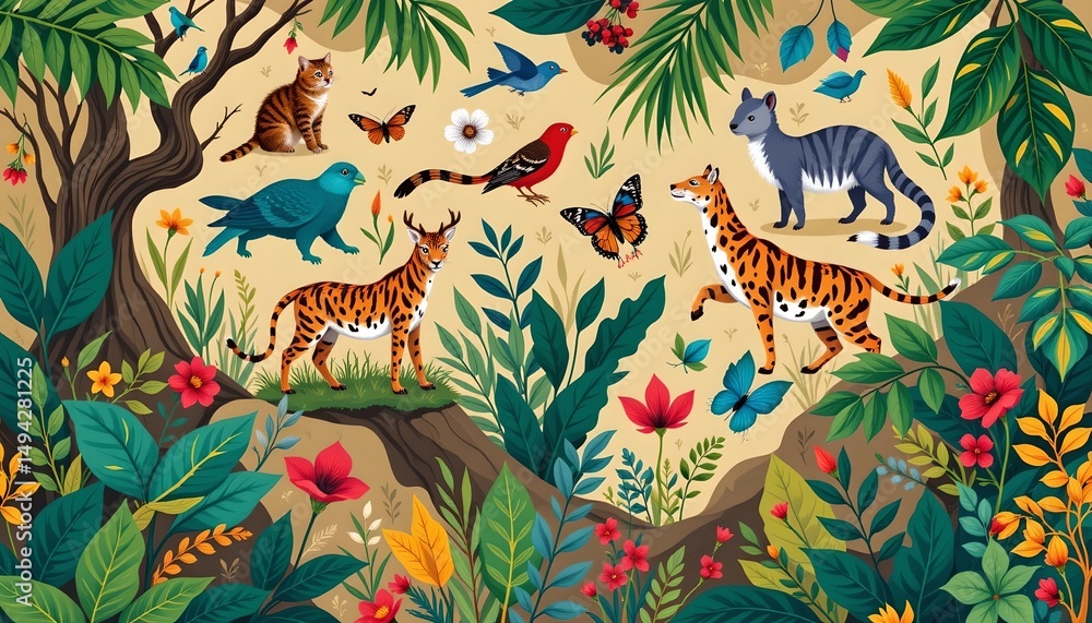 Obraz premium the image is a vibrant illustration that captures a lively scene in a jungle setting