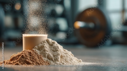 Protein powder falling on balanced meal with nutritional focus
