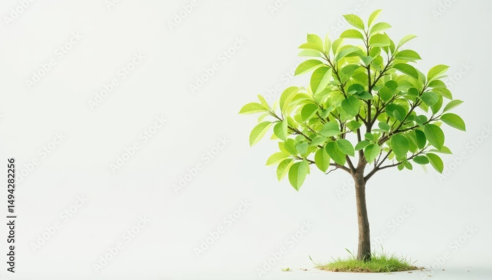 Fototapeta premium Single young tree, delicate leaves, white backdrop, growth, small