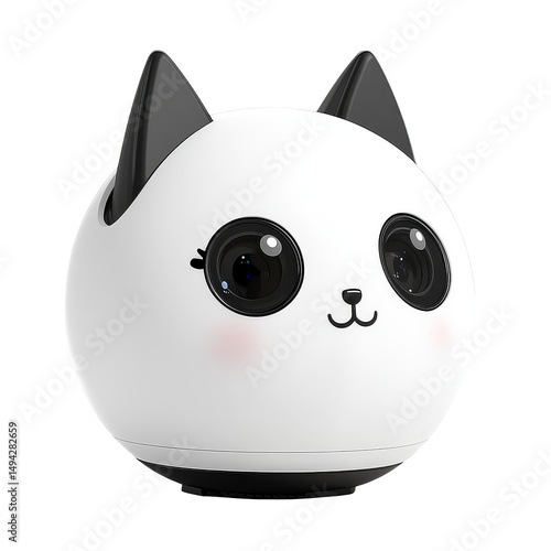 Cute, round robot designed to resemble panda with large, expressive eyes, black ears, and small smiling mouth, perfect