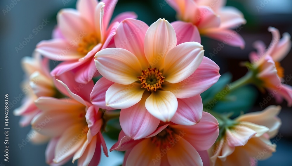 Fototapeta premium a bouquet of vibrant, peach colored flowers with yellow centers in full bloom.
