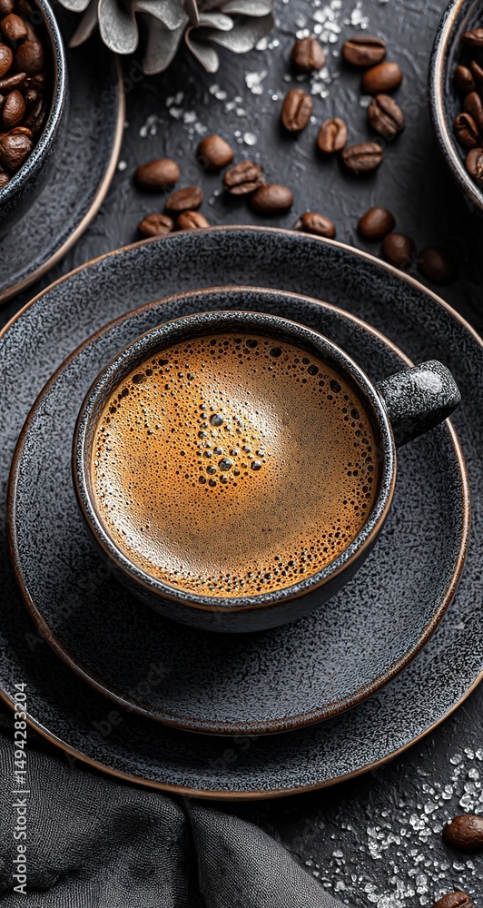 Dark Grey Coffee Cup On Dark Grey Plate Dark Grey Coffee Cup On Dark Grey Plate
