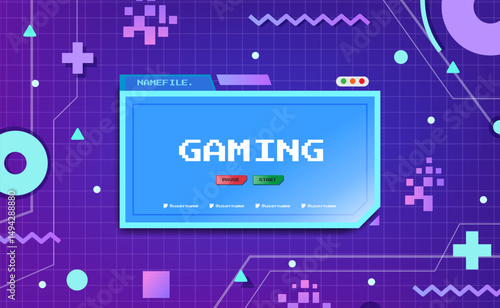 Retro Gaming Screen Interface with Buttons and Pixel Background