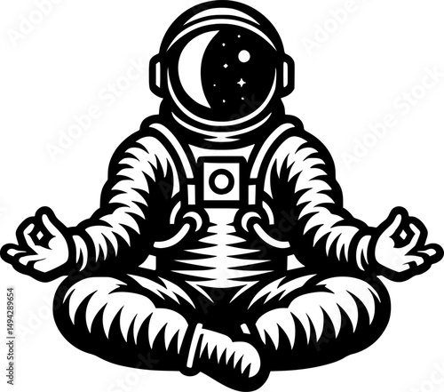 Sketchy cosmic emblem of astronaut calms psyche by sitting in meditative lotus position in monochrome. Engraving minimalistic vector in black ink drawing on transparent background