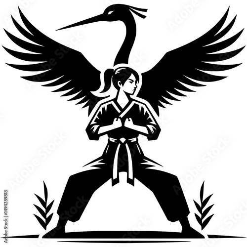 Sport silhouette of kung fu girl crane style in monochrome. Engraving minimalistic vector in black ink drawing on transparent background