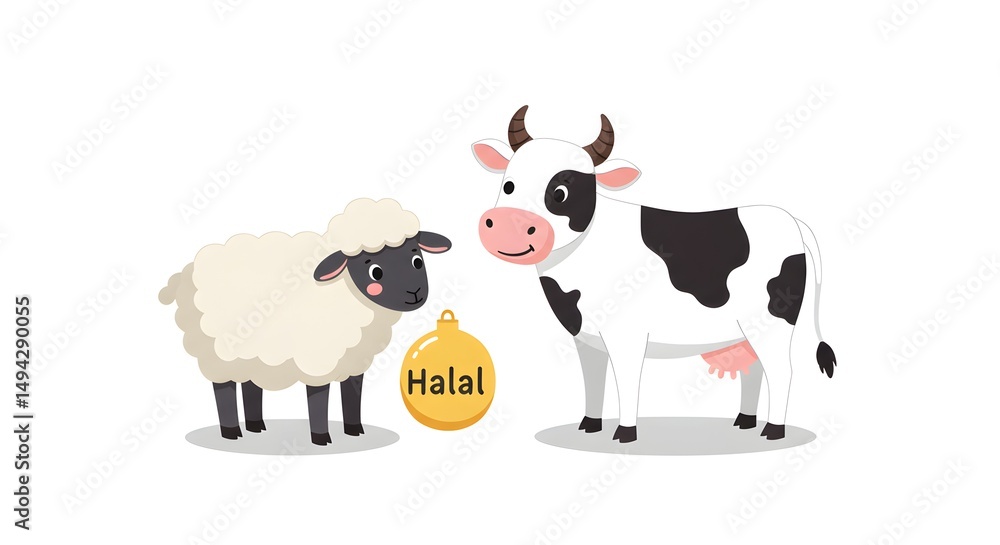 Fototapeta premium Adorable Halal Farm Animals Cow and Sheep Illustration