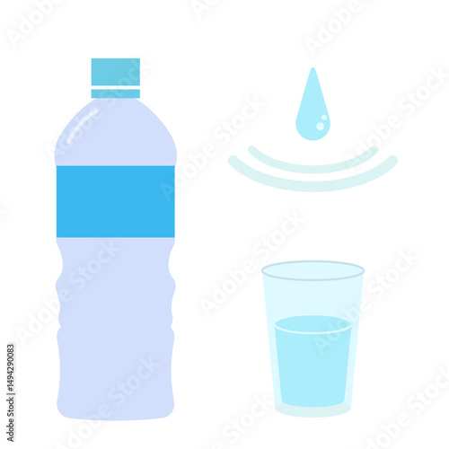 ミネラルウォーターと水の入ったコップのイラスト素材セット