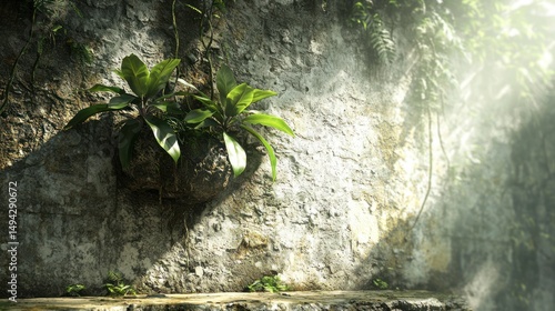 Weathered Stone Wall with Realistic Texture and Fine Details Surrounded by Lush Greenery and Natural Light