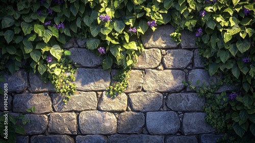 Weathered Stone Wall with Lush Green Vines and Purple Flowers in Natural Light Showcasing Realistic Texture and Fine Details