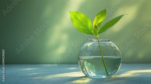 Fresh Green Leaf in Glass Vase with Water on Minimalist Background for Nature and Wellness Concepts