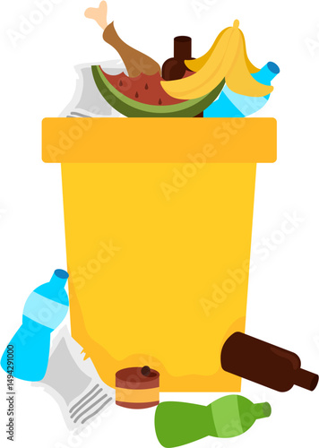 Overflowing Yellow Trash Bin: Food Scraps, Bottles, and Waste.
