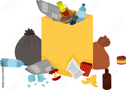 Overflowing Trash: Yellow Bin, Bags, Litter, and Recyclables, Cartoon Style.
