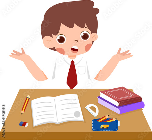 Confused Student at Desk with Open Book, Pencil, and Geometry Tools Shrugging.