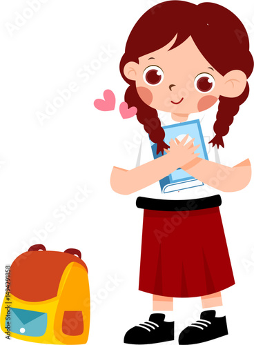 Schoolgirl with Braids & Book, Hearts, Red Skirt, Yellow Backpack - Vector Illustration