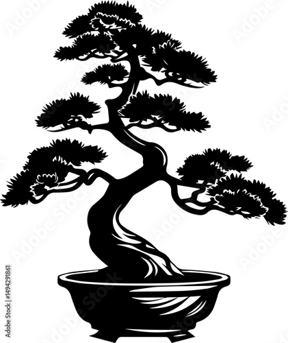 Bonsai Tree Vector, Minimalist Black and White Plant Silhouette Illustration