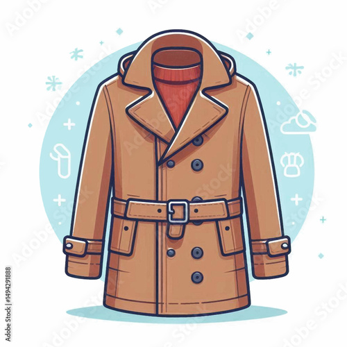 Stylish cartoon trench coat illustration against a winter themed background