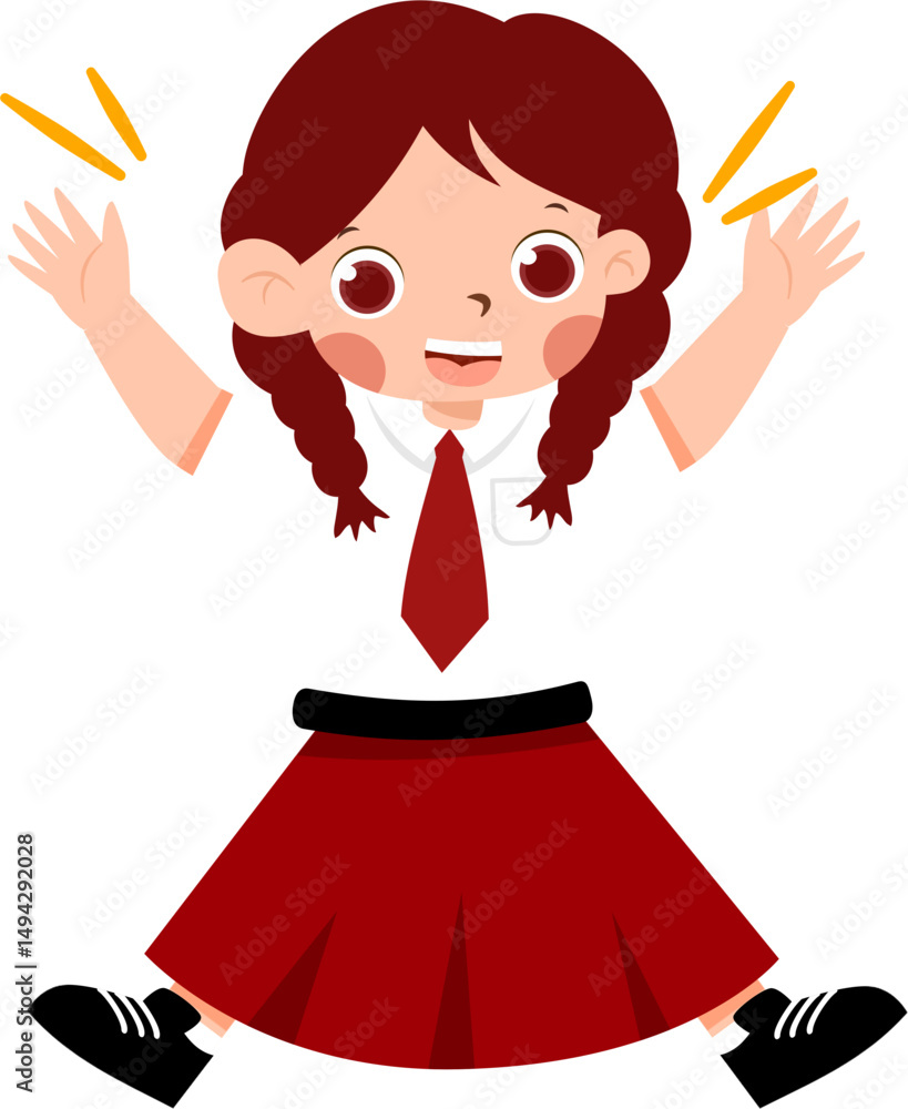 Fototapeta premium Excited Cartoon Girl in School Uniform with Braids, Hands Raised.