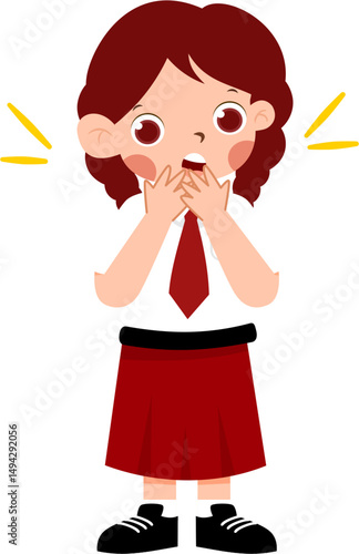 Startled Schoolgirl: Wide-Eyed Wonder, Red and White Uniform, Cartoon Style Illustration.